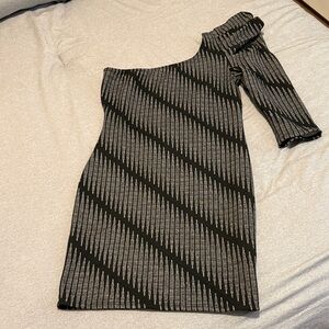 One Shoulder Knit Dress with Ruched Sleeve Detail